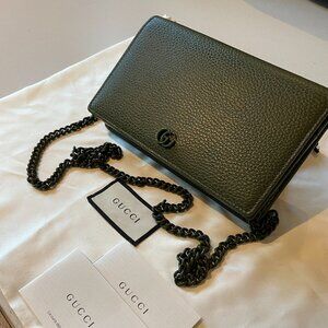 GUCCI Calfskin Enamel Monochrome Mini GG Marmont Chain Wallet Military Wood